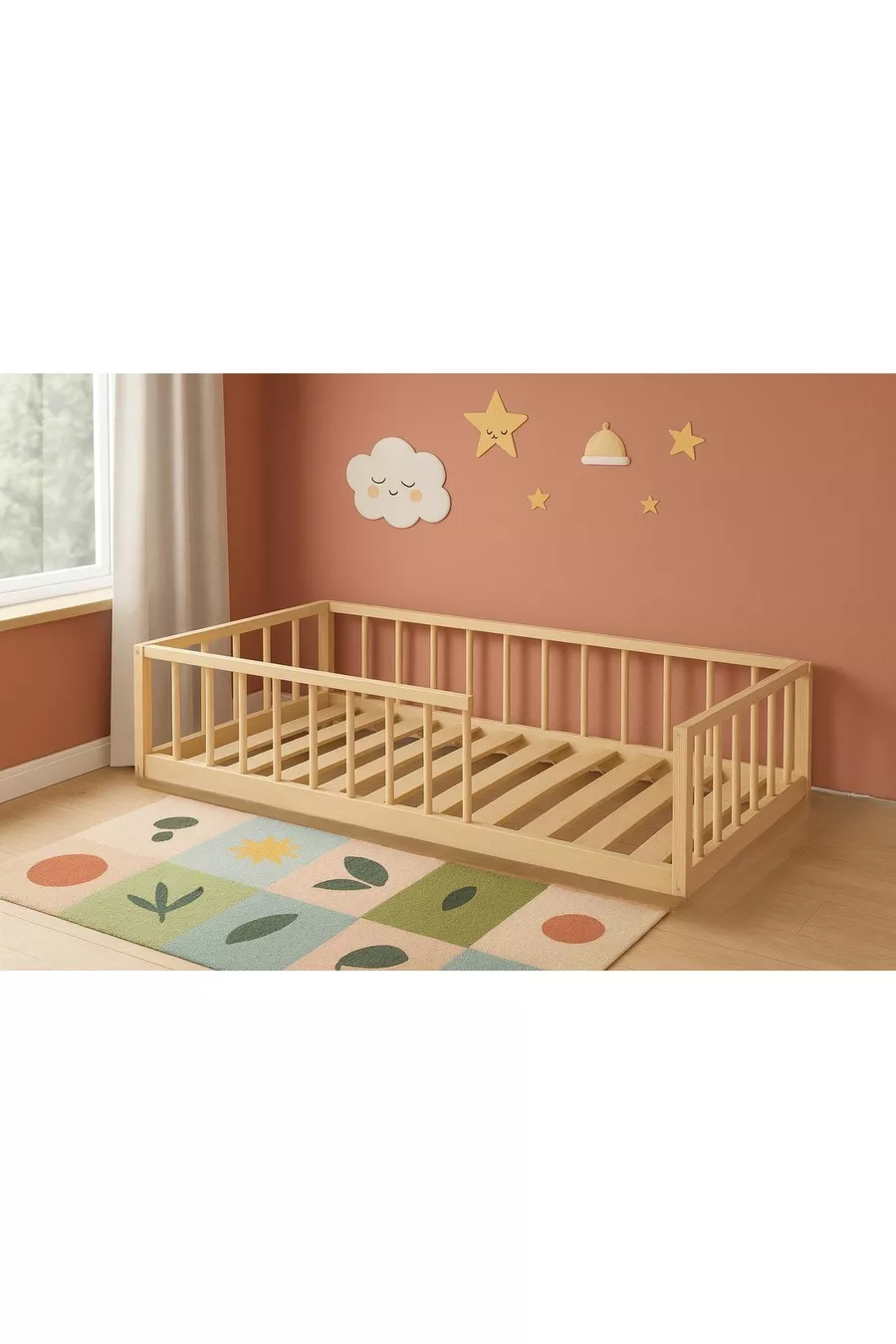 Lit d'enfant en bois massif naturel avec lattes arrondies, cm x cm, bois naturel