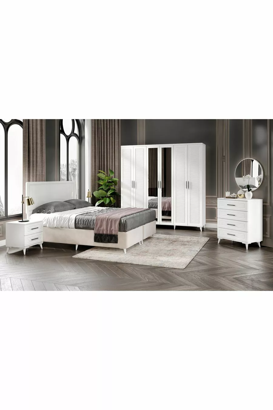 Ensemble de chambre à coucher complet en MDF avec 6 portes, blanc, avec sommier Paris