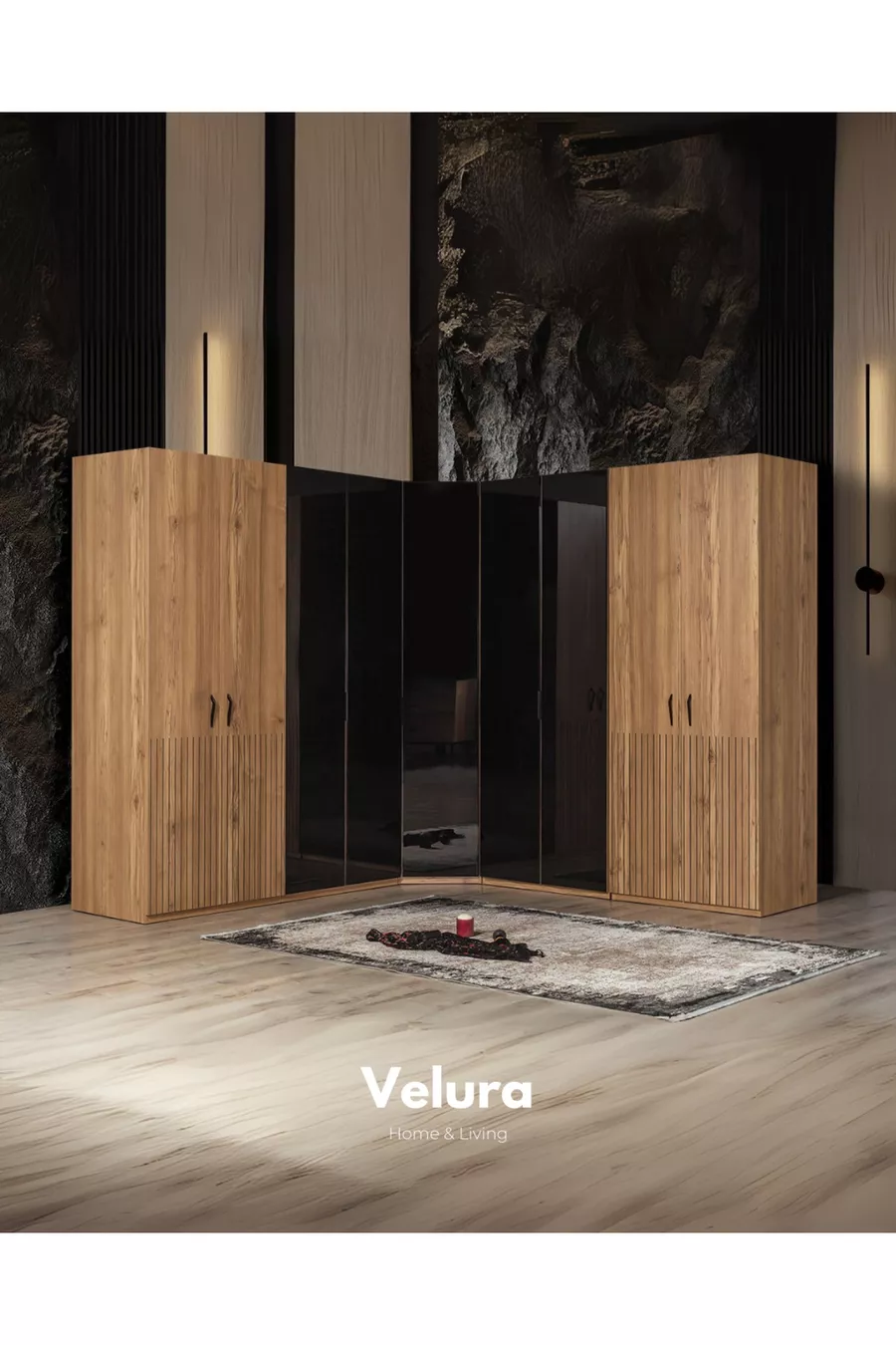Ensemble de chambre à coucher İzgi (armoire d'angle à 9 portes + commode + table de chevet + lit)