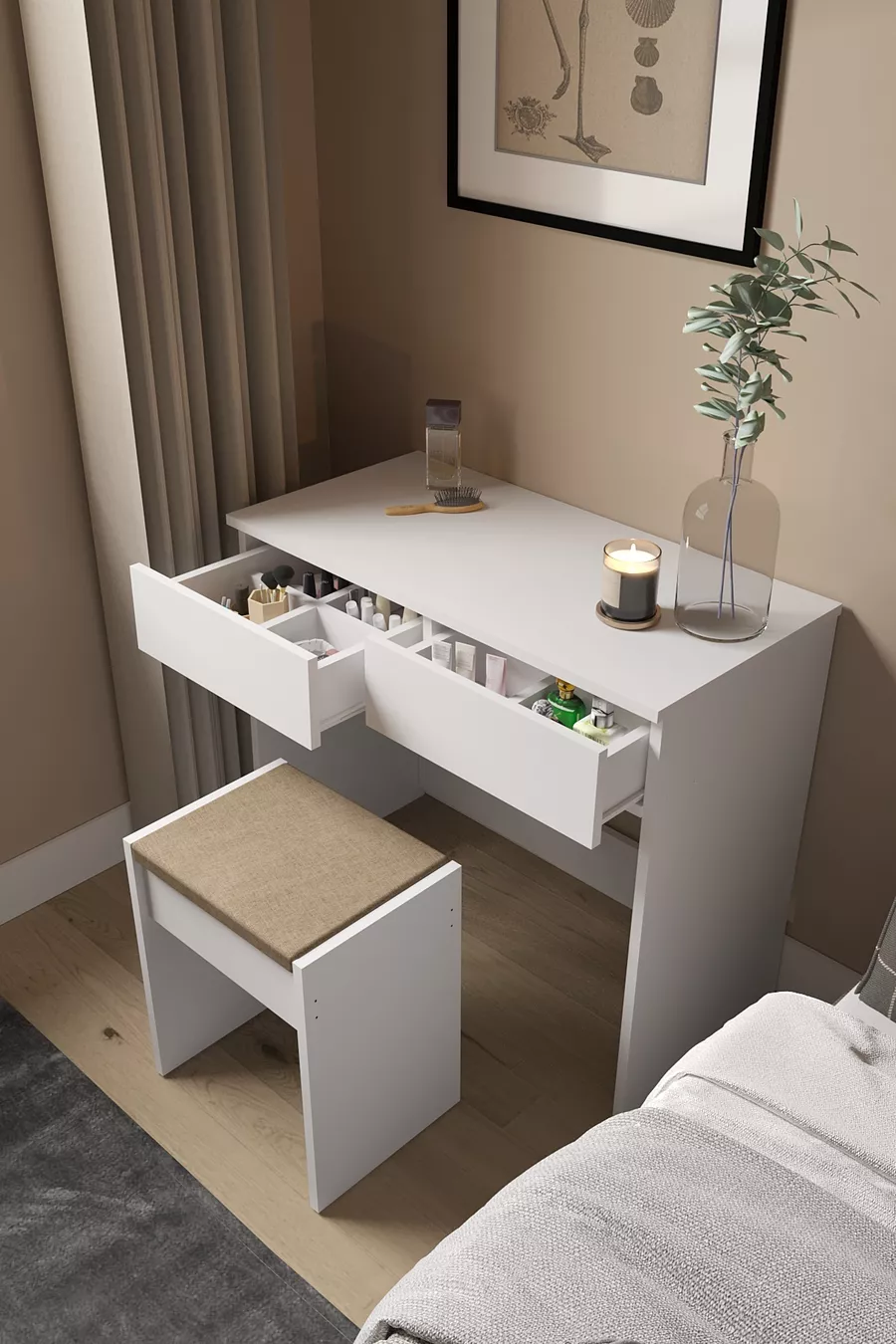 B Chambre à coucher moderne avec deux grands tiroirs et banc, meuble de maquillage avec pouf et organisateur