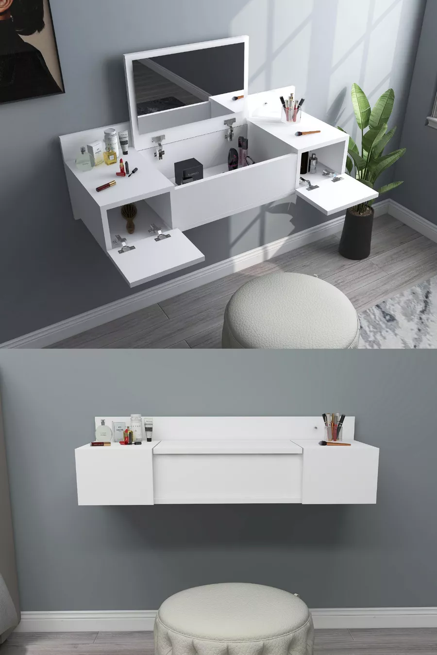 Coiffeuse Murale avec Miroir et Étagère Zakkum, Blanche - Zakkum
