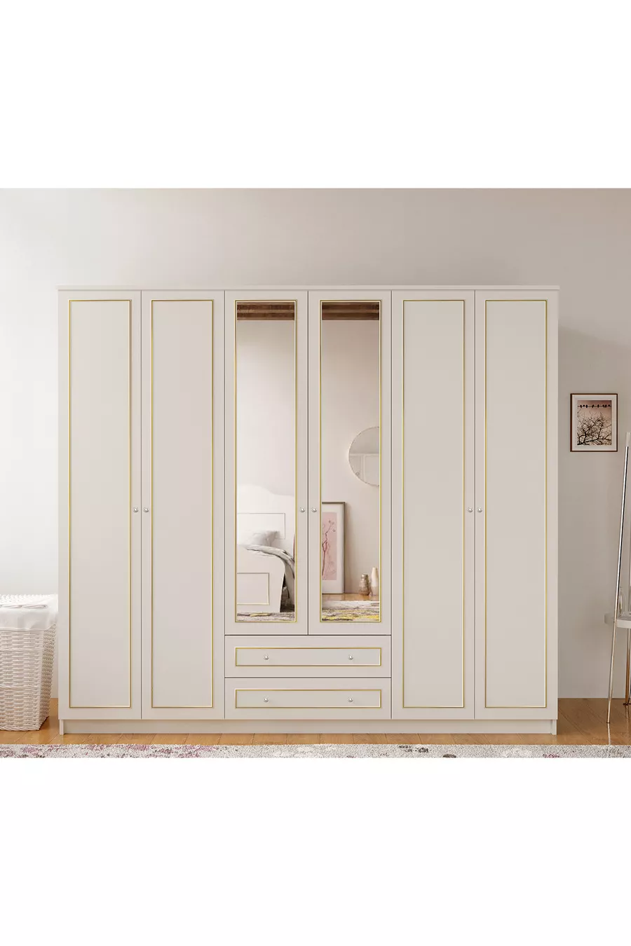Armoire Gold Country avec miroir, 6 portes et 2 tiroirs