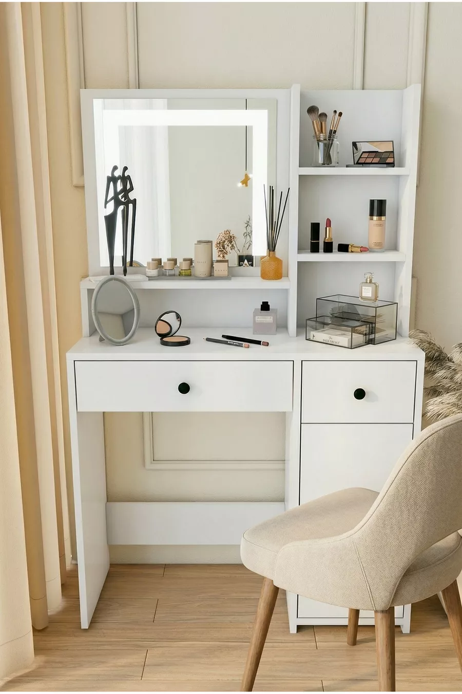 Coiffeuse Blanche avec Tiroirs, Étagère pour Accessoires et Bijoux, Miroir Spécial avec LED