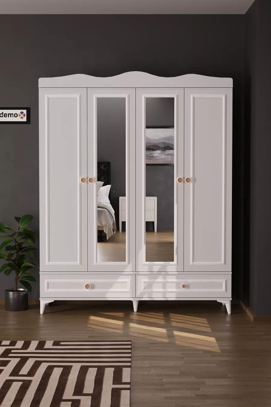 Armoire Nova à 4 portes avec 2 tiroirs et miroir, blanche