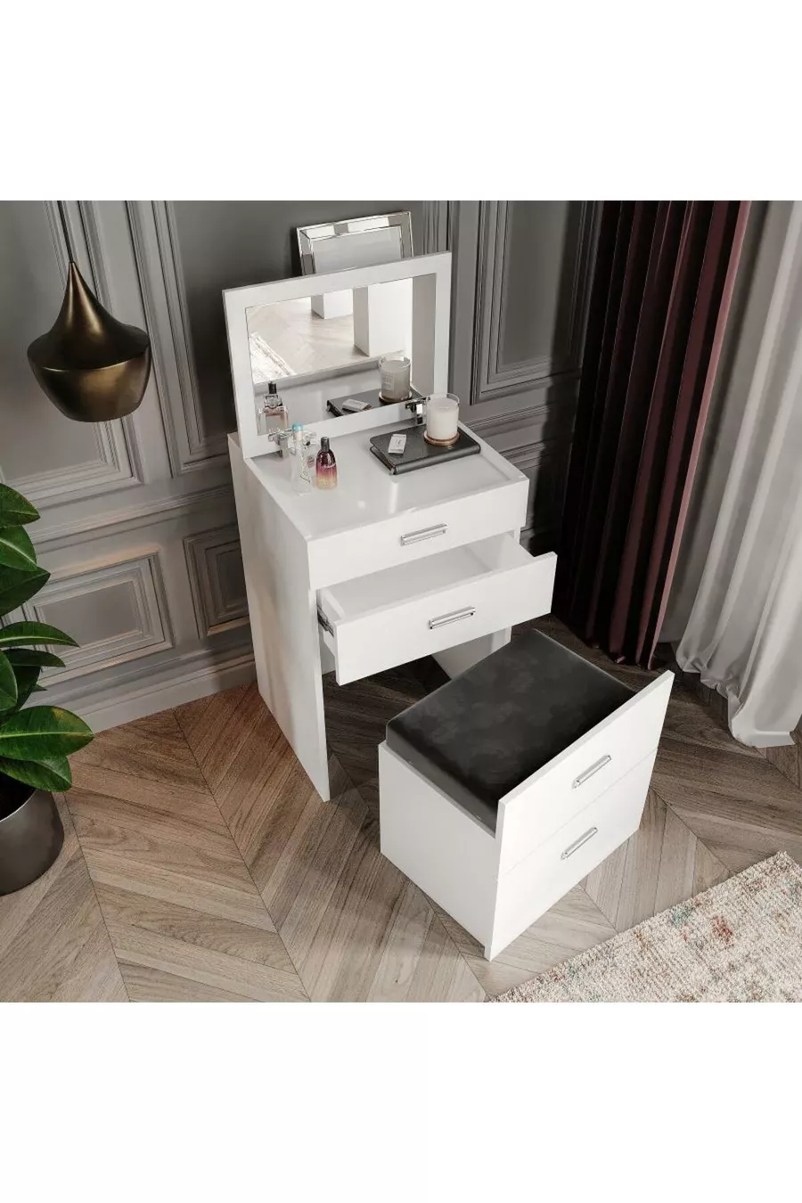 Merlin Mobilier Table de Maquillage Polyvalente avec 3 Tiroirs et Pouf Princesse