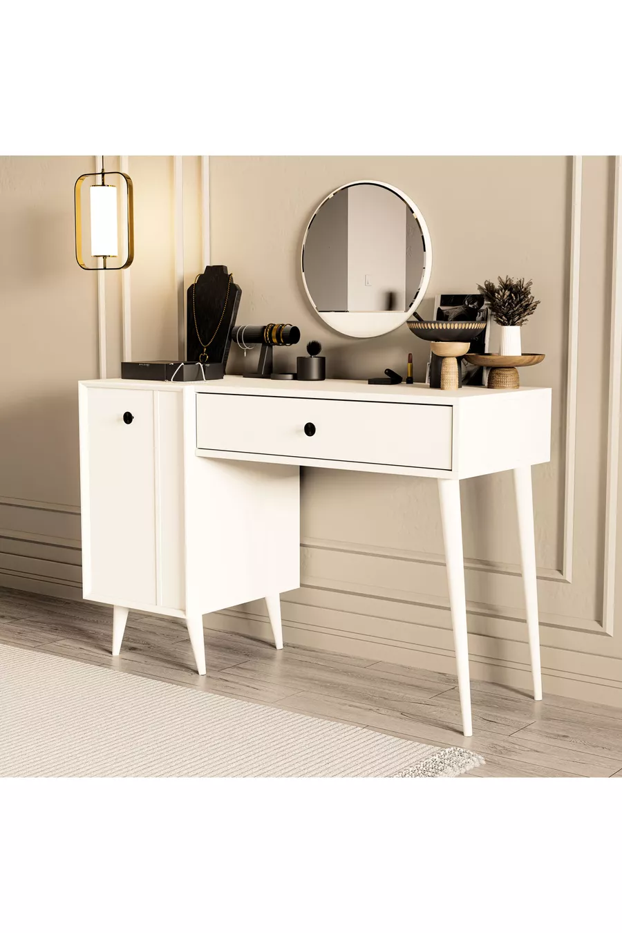LOVE MIROIR (SUR PIED EN BOIS) TABLE DE MAQUILLAGE AVEC TIROIRS - AVEC PORTES EN MDF BLANC CM