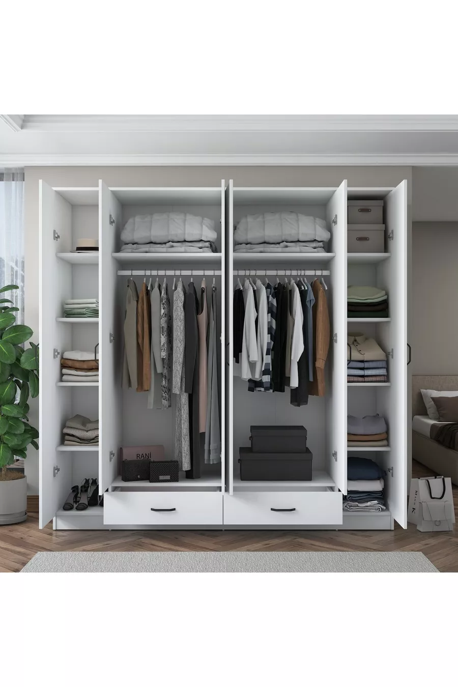 Rani  Armoire Spacieuse pour Vêtements 6 Portes 2 Tiroirs  Étagères 2 Tringles Blanche