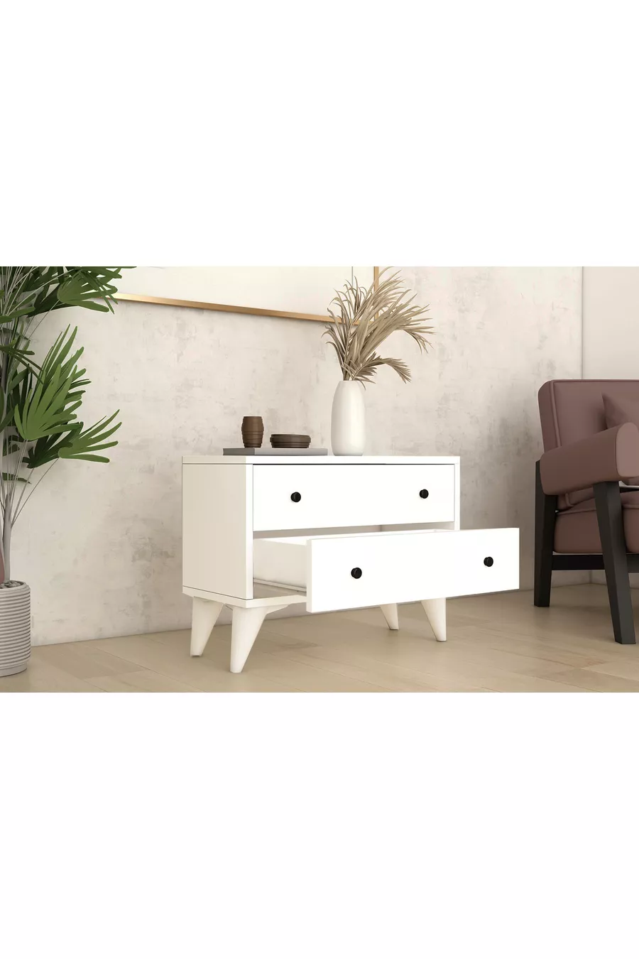 Table de chevet moderne blanche Sandara à 2 tiroirs sur pieds