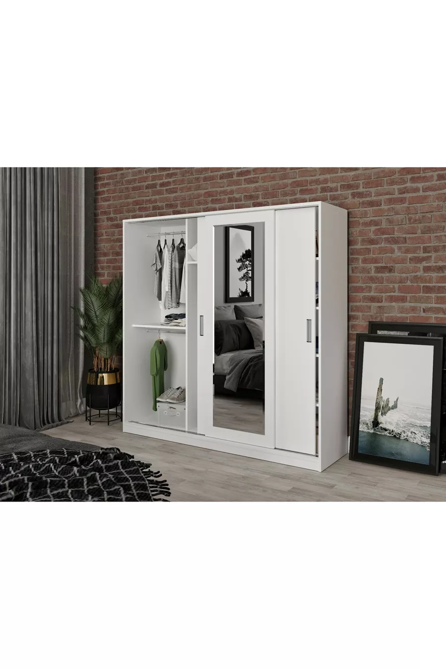 Armoire à vêtements Samira en MDF avec portes coulissantes et miroir blanc - MDF de première qualité