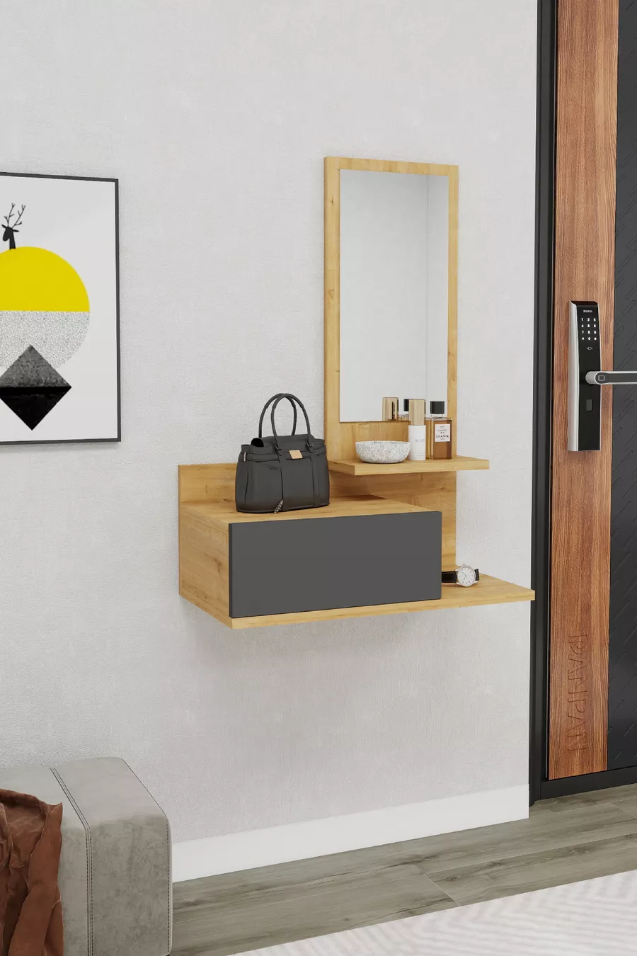 Console murale avec miroir et tiroirs Rozella, érable clair & anthracite - Rozella