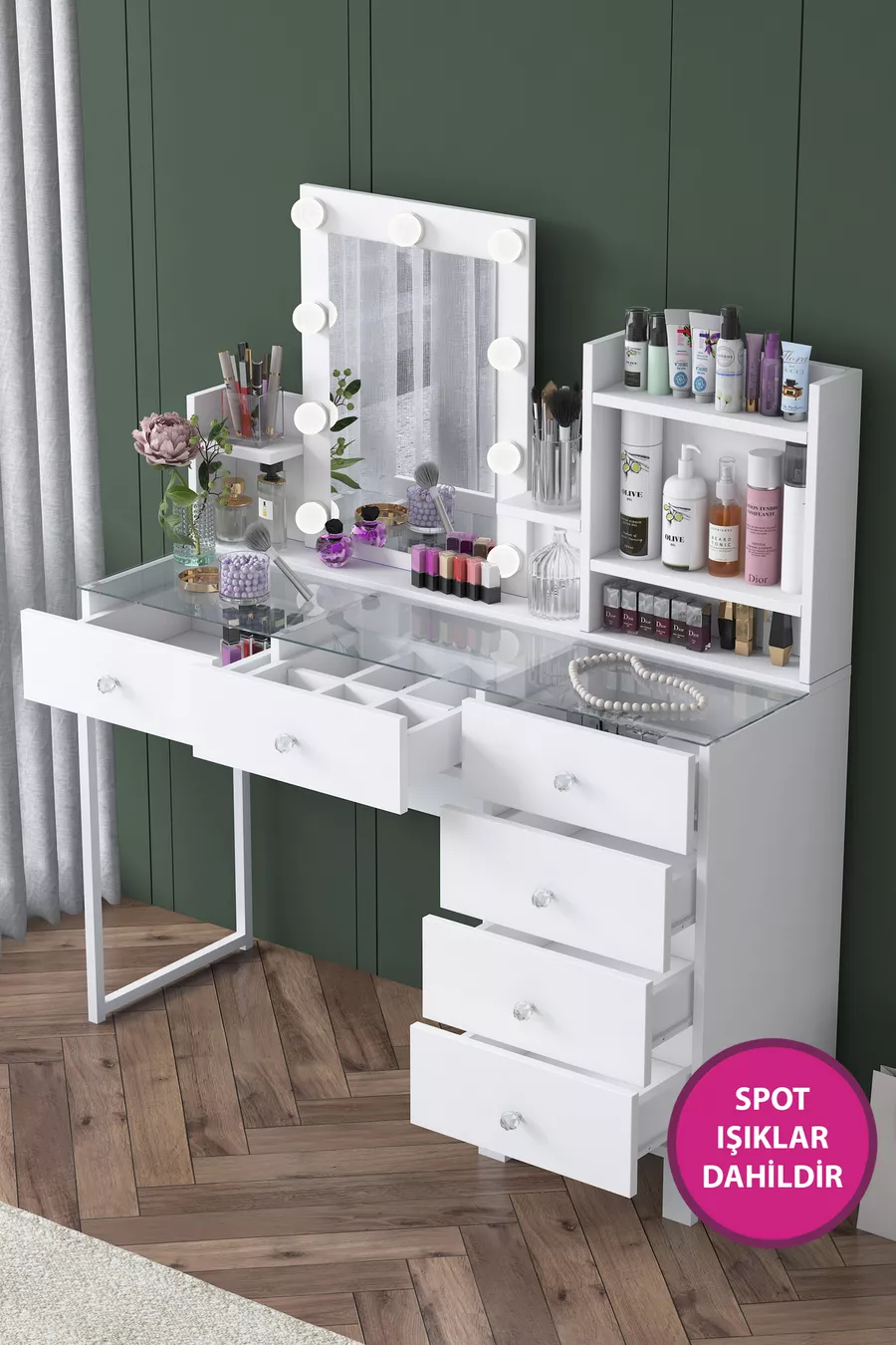 Coiffeuse de coulisses avec miroir éclairé Hollywood Rani, organiseur de bijoux à 6 tiroirs, blanc