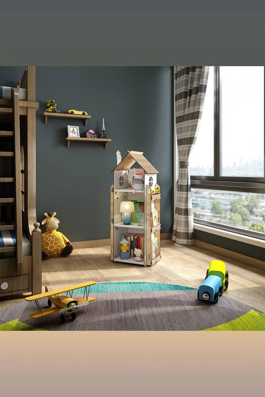 Bibliothèque Montessori en bois pour chambre d’enfant Roofy à 9 étagères, style scandinave