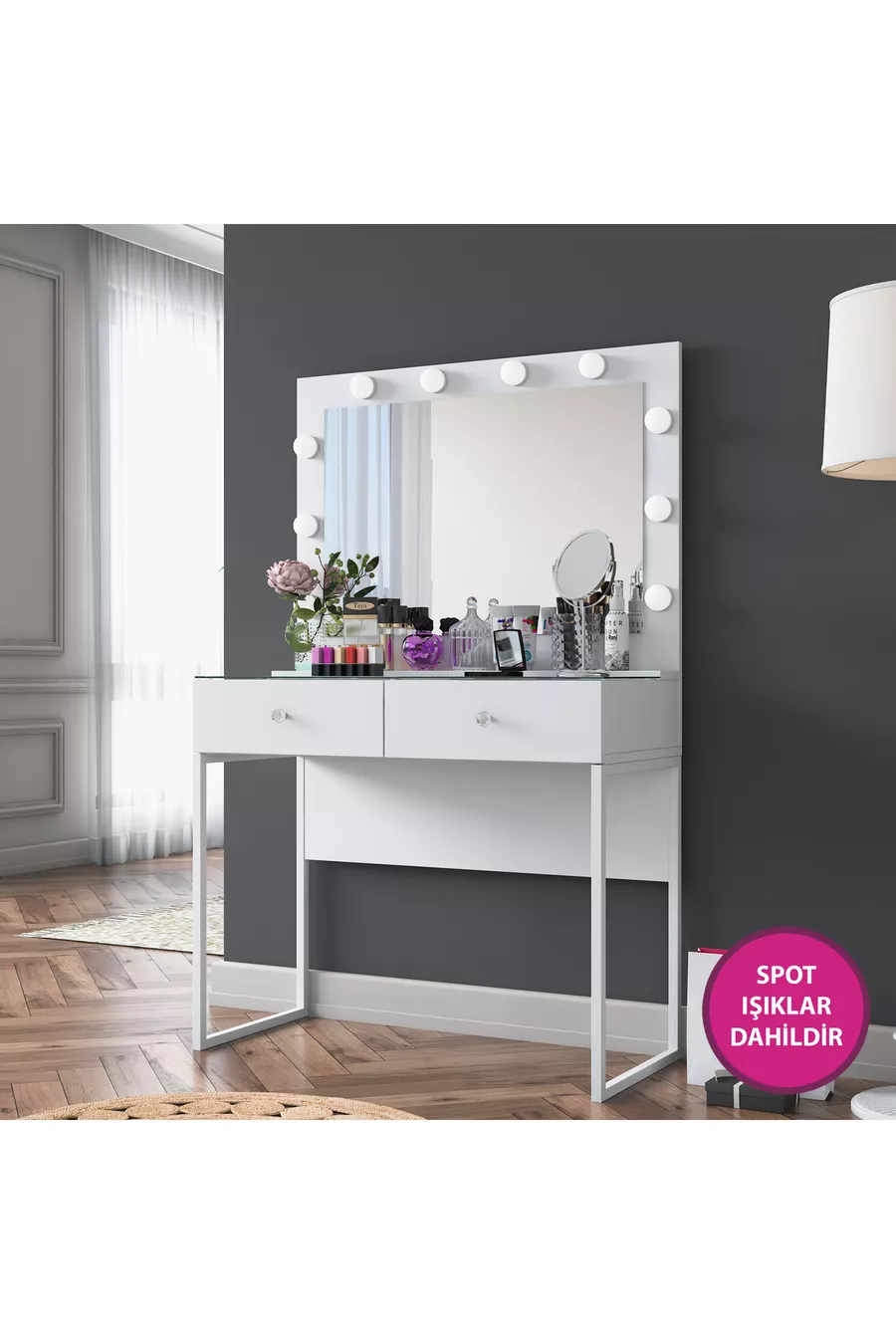 Rani Coiffeuse de Coulisses avec Miroir Illuminé Hollywood, 2 Tiroirs, Organisateur de Bijoux, Blanc