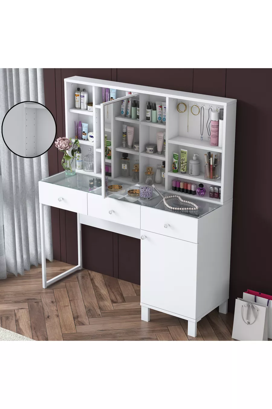 Coiffeuse avec tiroirs Rani à miroir et couvercle, organiseur de bijoux avec crochets, blanc