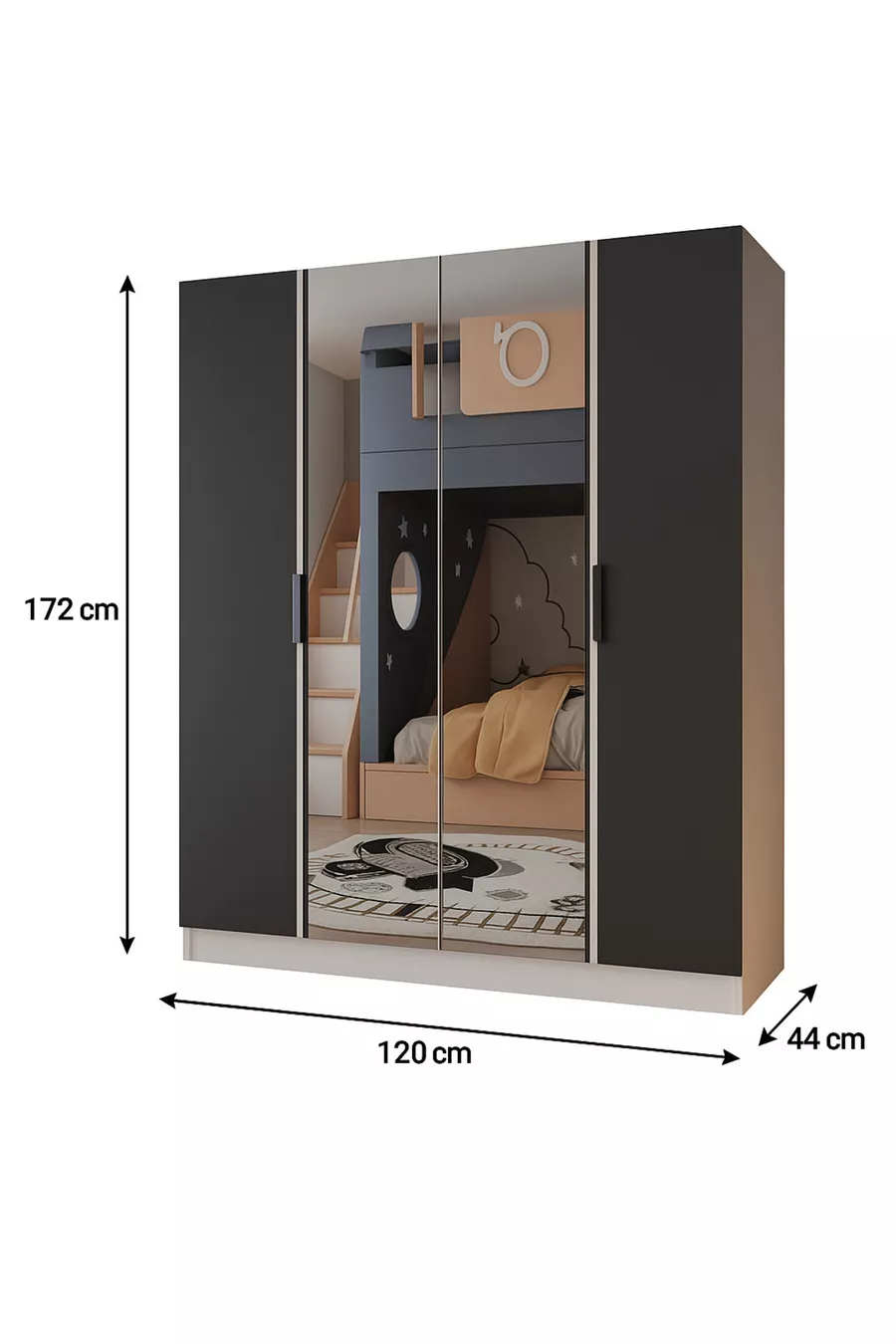Armoire 4 portes PIANO pour chambre d'adolescent/enfant - Armoire gris anthracite et blanc avec miroir