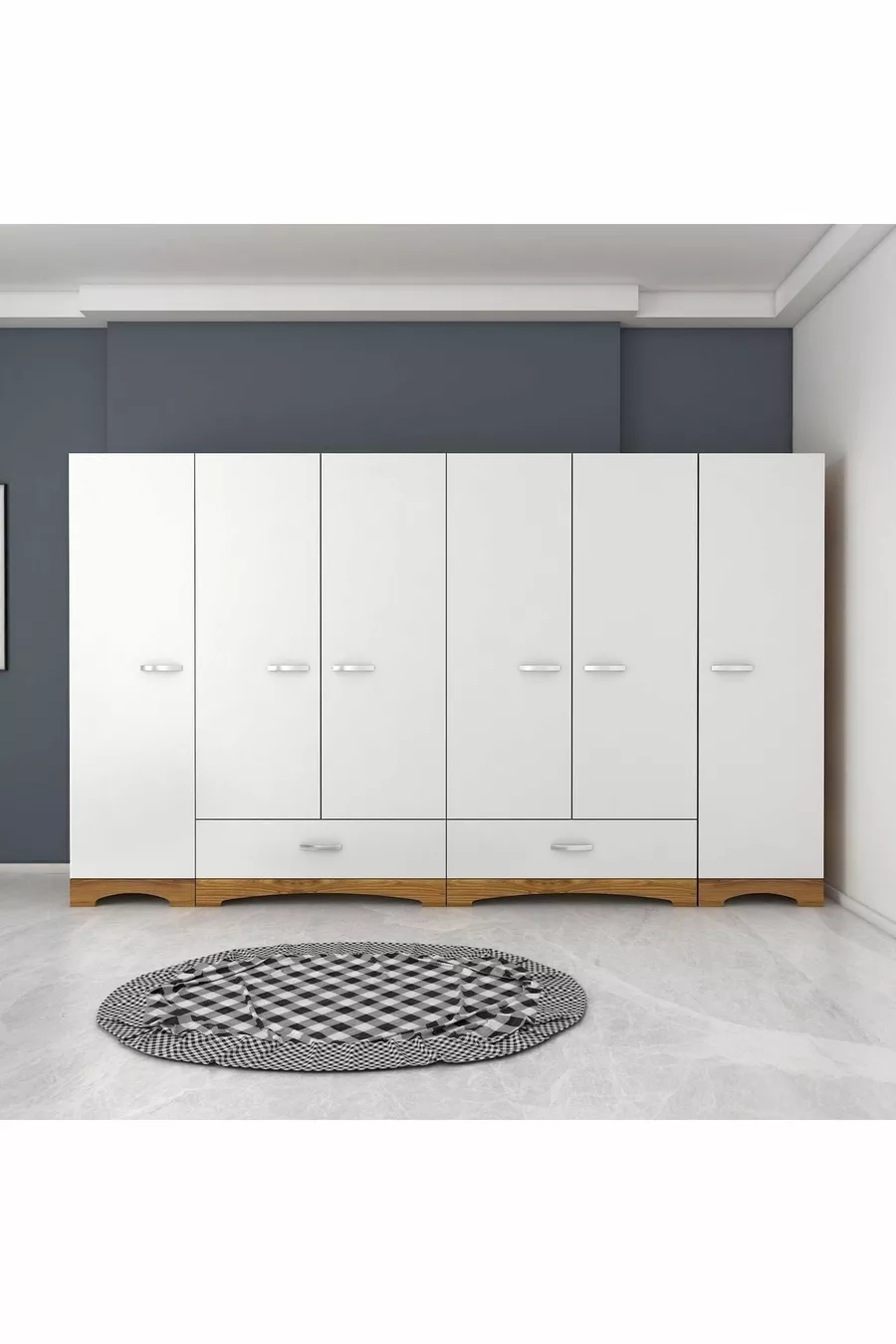 Armoire Rani  à large garde-robe, 6 portes, 2 tiroirs, 2 penderies, module unique, miniature noyer - blanc