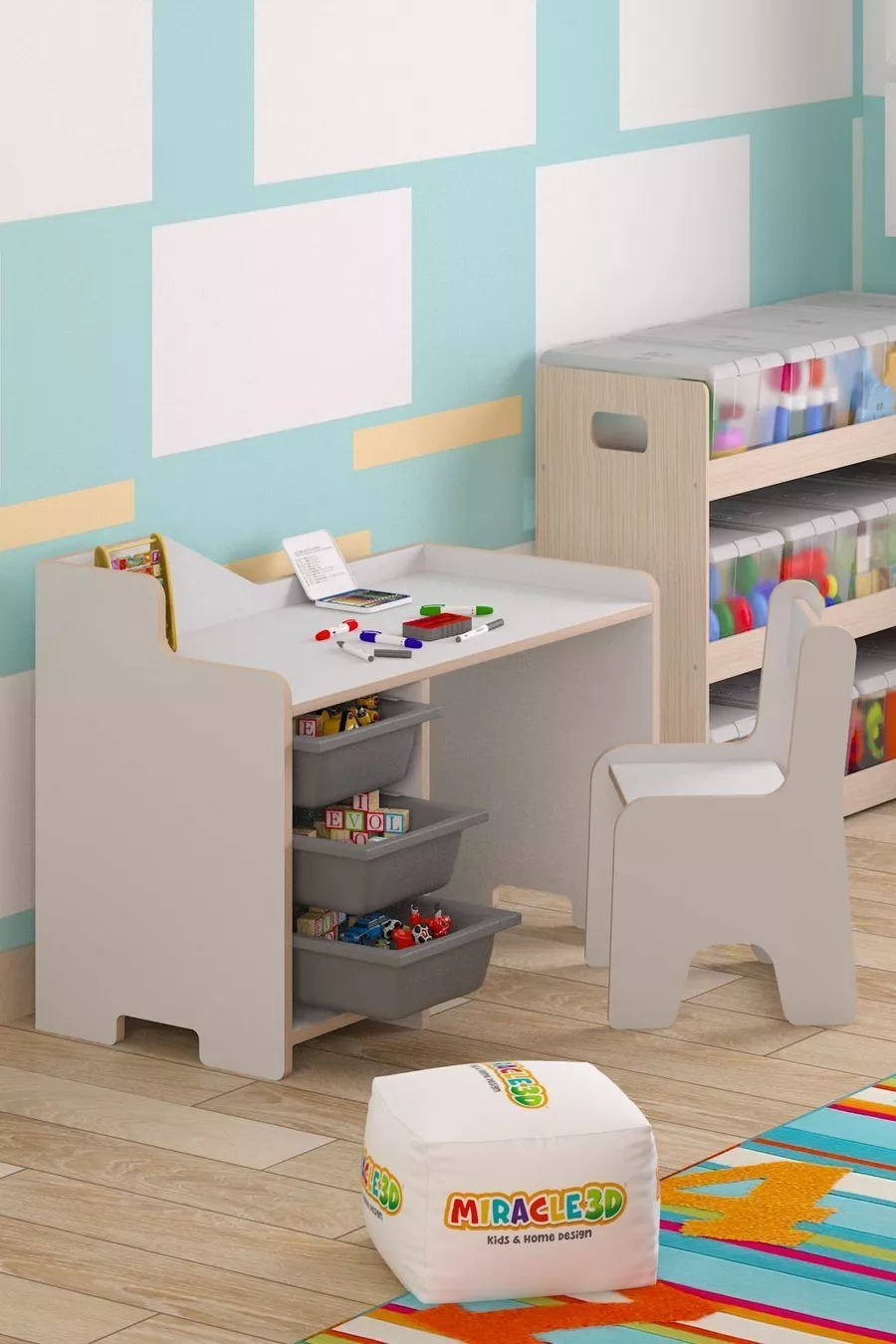 Bureau d'étude pour enfant Cm avec 3 paniers et chaise avec dossier pour enfant