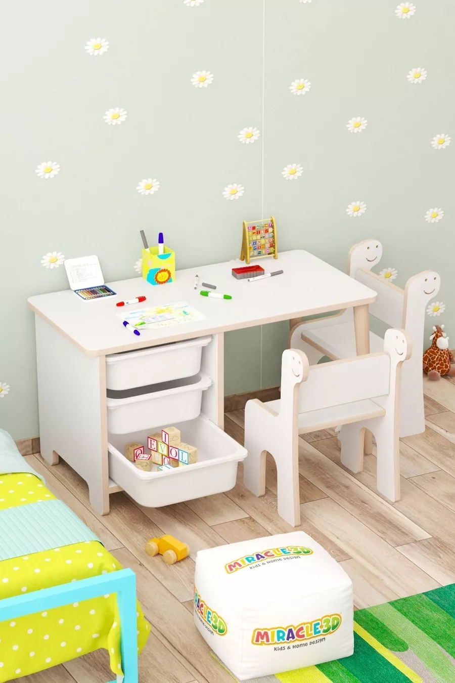 Ensemble table et chaises pour enfants - Table de travail pour enfants avec 3 paniers, table d'activités, double chaise Dino effaçable