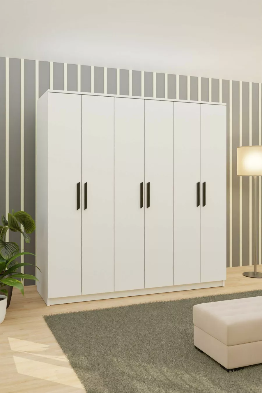 Gm  Placard préféré à 6 portes sans miroir, blanc avec poignées noires