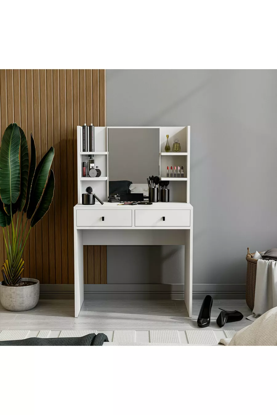 Coiffeuse blanche brillante avec miroir et 2 tiroirs, CM