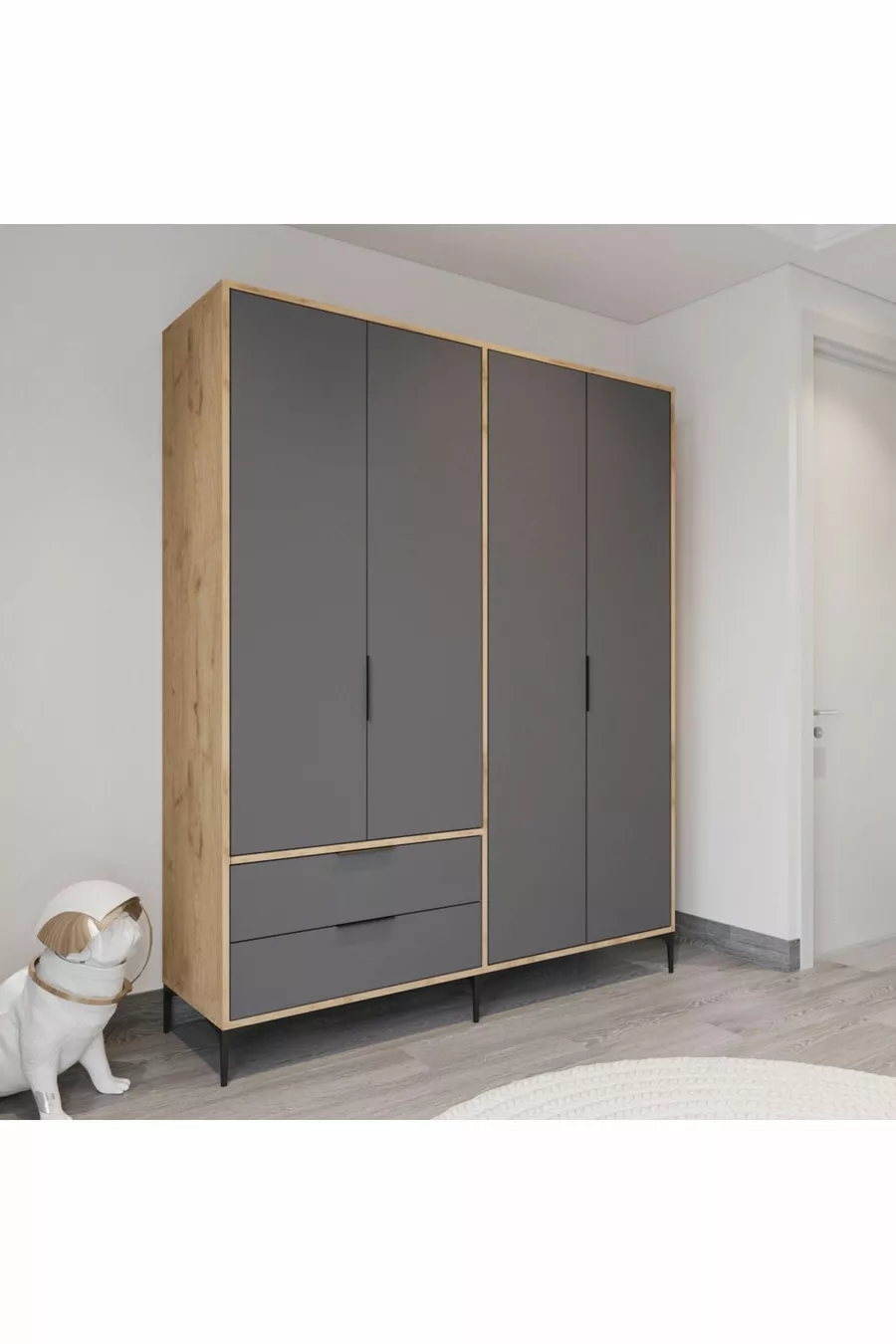 Armoire Aden anthracite complet à 4 portes avec tiroirs, penderie, armoire avec étagères