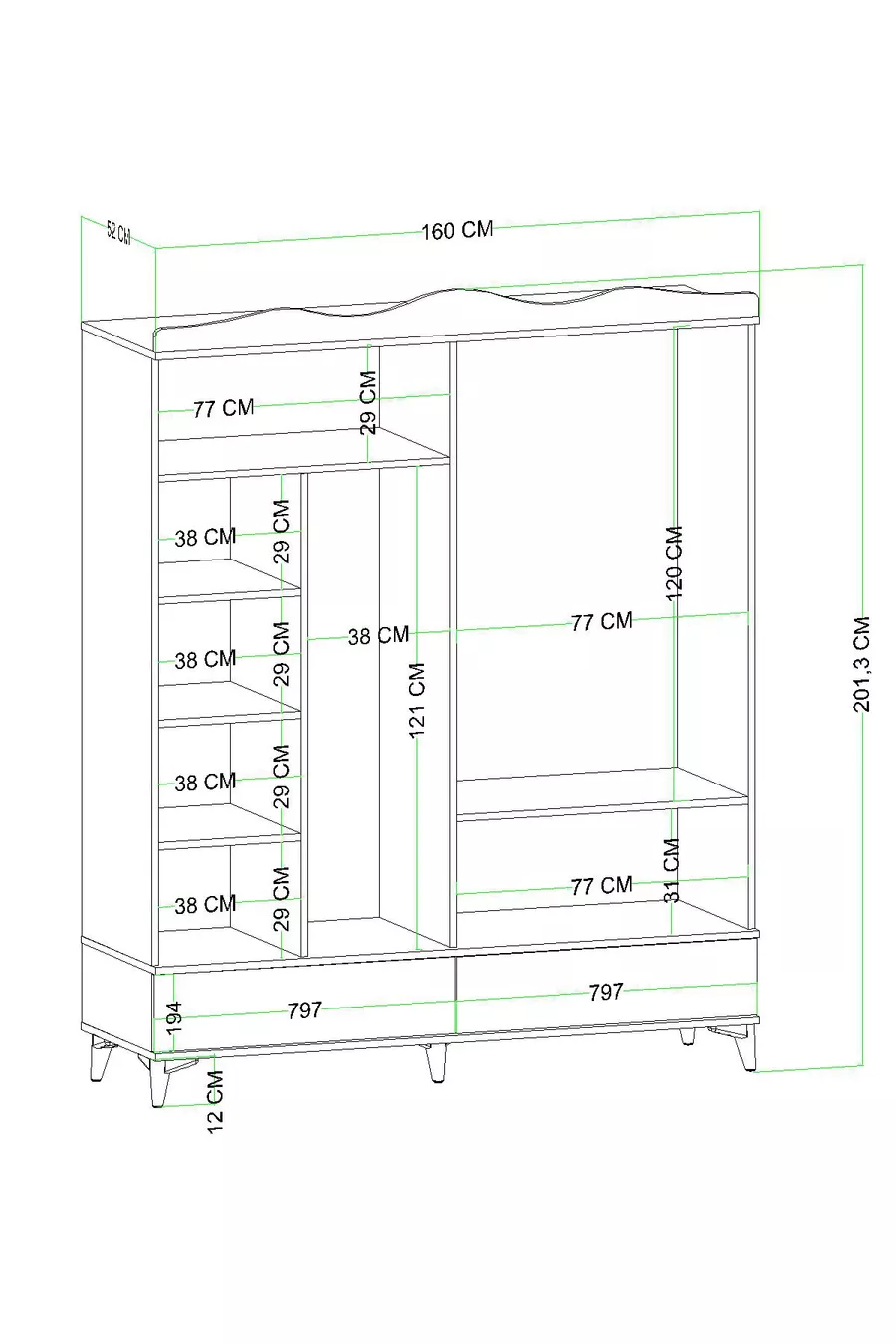 Armoire à miroir Nova 4 portes avec 2 tiroirs, pin Atlantique