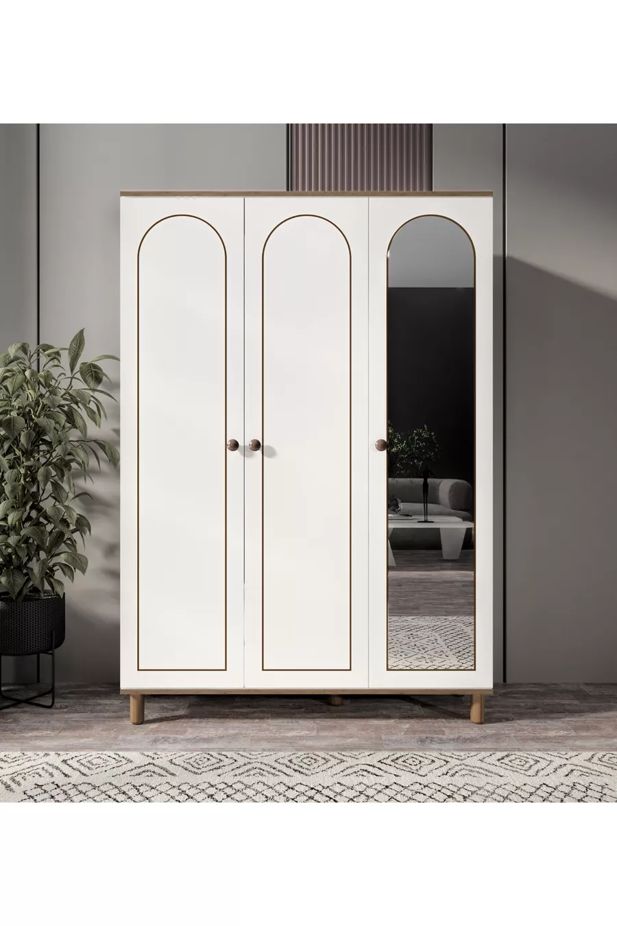 Armoire bohème avec miroir, 3 portes et 2 tiroirs, armoire à vêtements blanche - MDF de première qualité