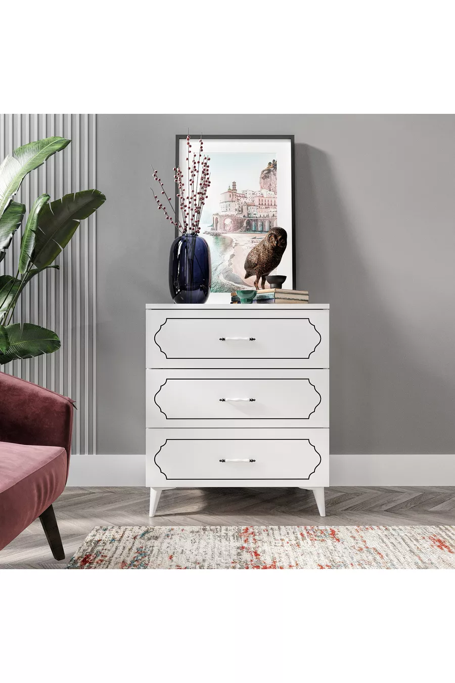 Commode moderne à 3 tiroirs Hayal blanche - Entièrement en MDF de qualité 1