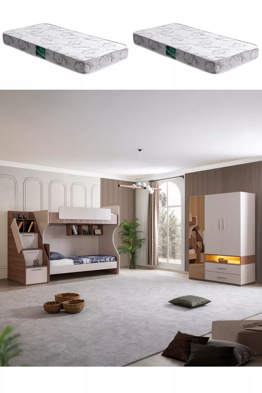 Lits superposés, lits superposés Milano 2 lits avec armoire à 3 portes et 2 matelas confort