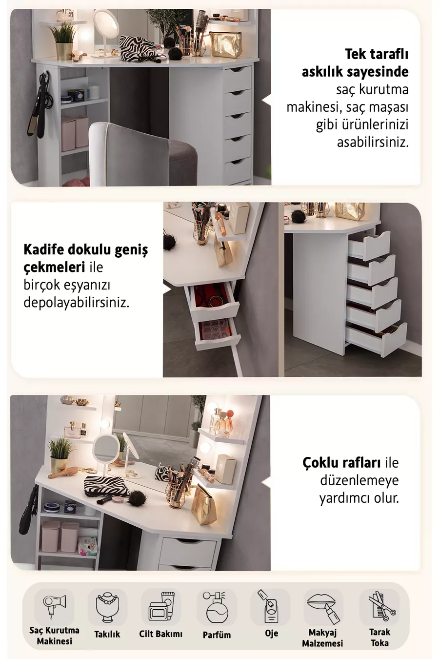 Coiffeuse d'angle Diva Hollywood avec miroir rétroéclairé LED et 5 tiroirs