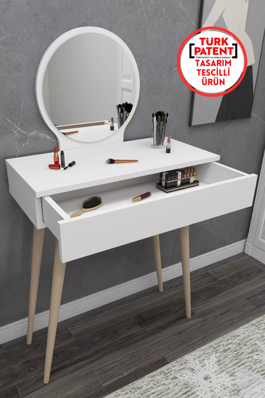 Table de maquillage avec miroir et tiroirs sur pieds en bois Siena, Blanc - Siena