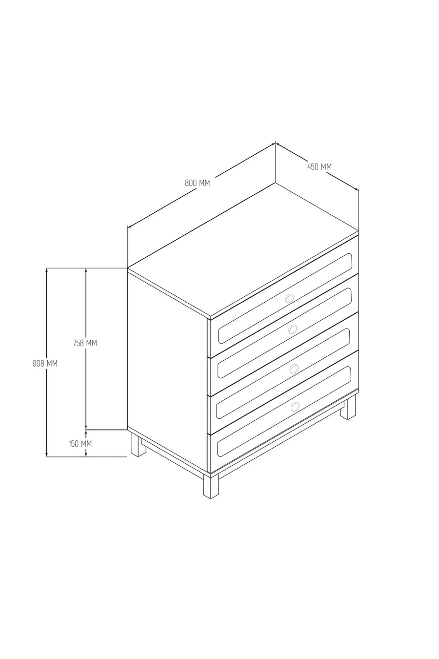 Commode Desa 4 tiroirs avec portes en MDF à glissières télescopiques (pieds en profilé MDF) Blanche - Panier