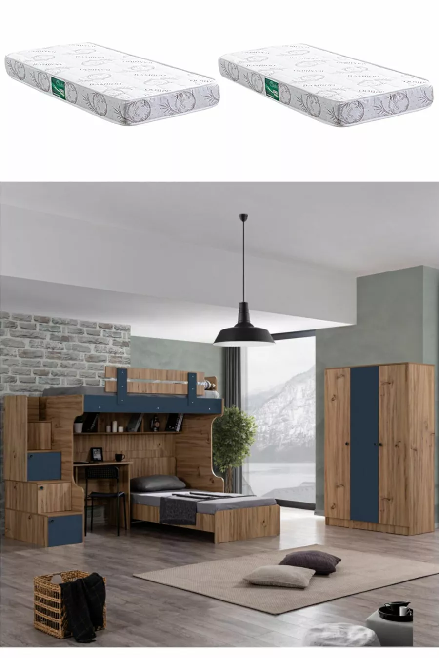 Ranza, Lit superposé Riva avec lit, bureau, armoire à 3 portes et 2 matelas Confort
