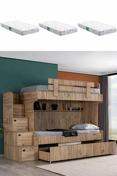 Lit superposé Viva avec tiroirs et 3 matelas confort