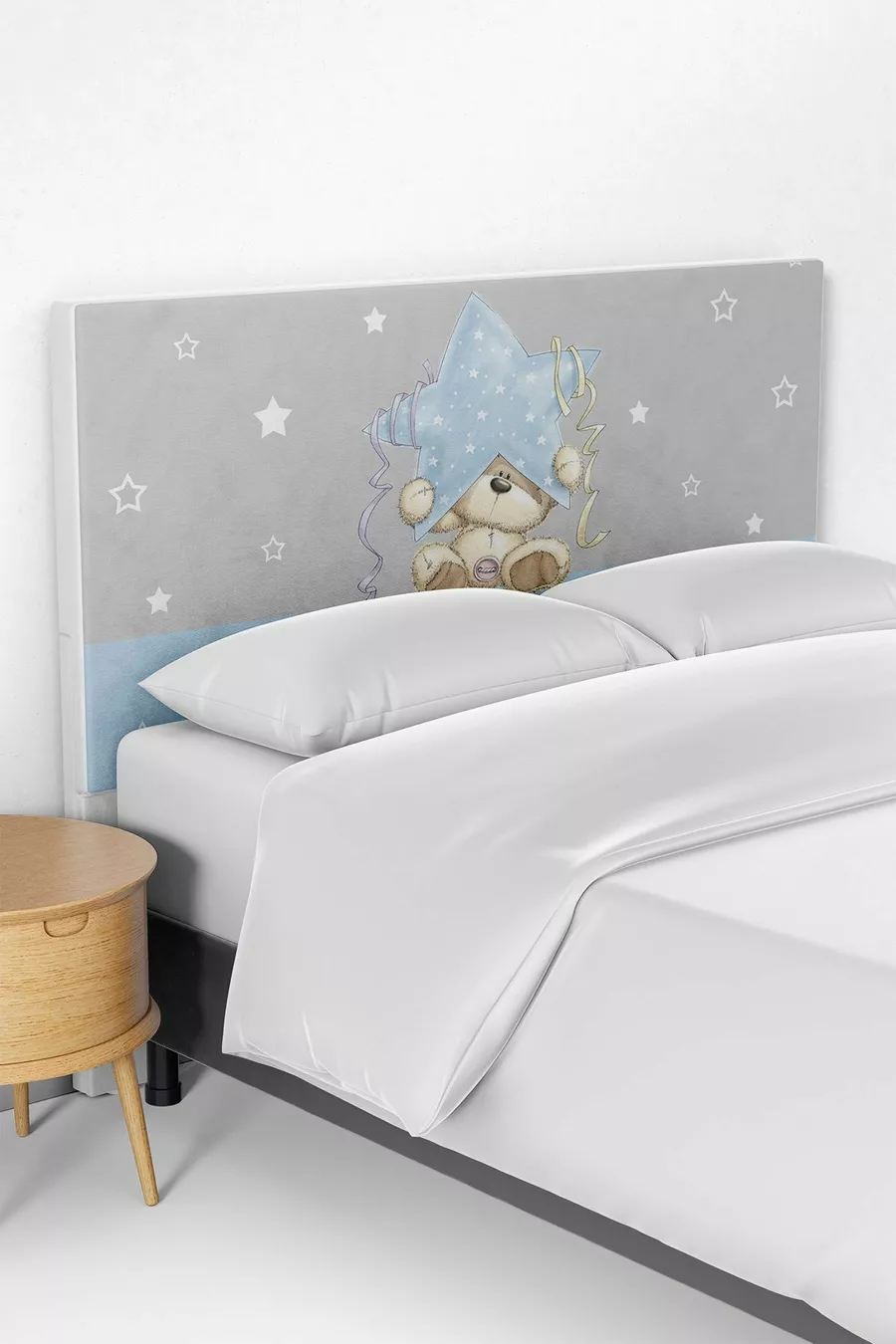 Housse de tête de lit pour lit d'enfant avec motif d'ourson tenant une étoile bleue