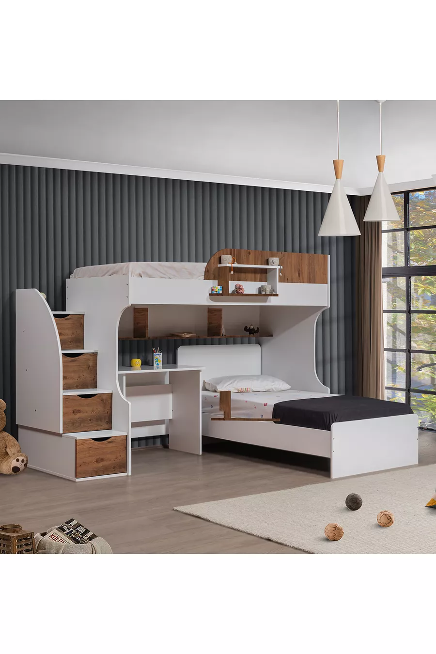 Lits superposés, lits superposés Aura avec lit, armoire à 3 portes + 2 matelas Comfort