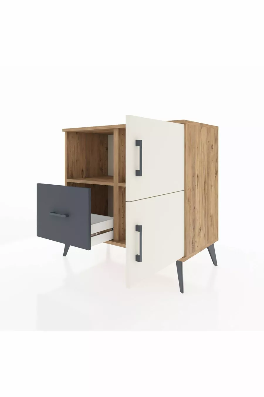 Commode Hyperion avec 2 étagères, 1 tiroir et 2 portes, en pin et gris anthracite