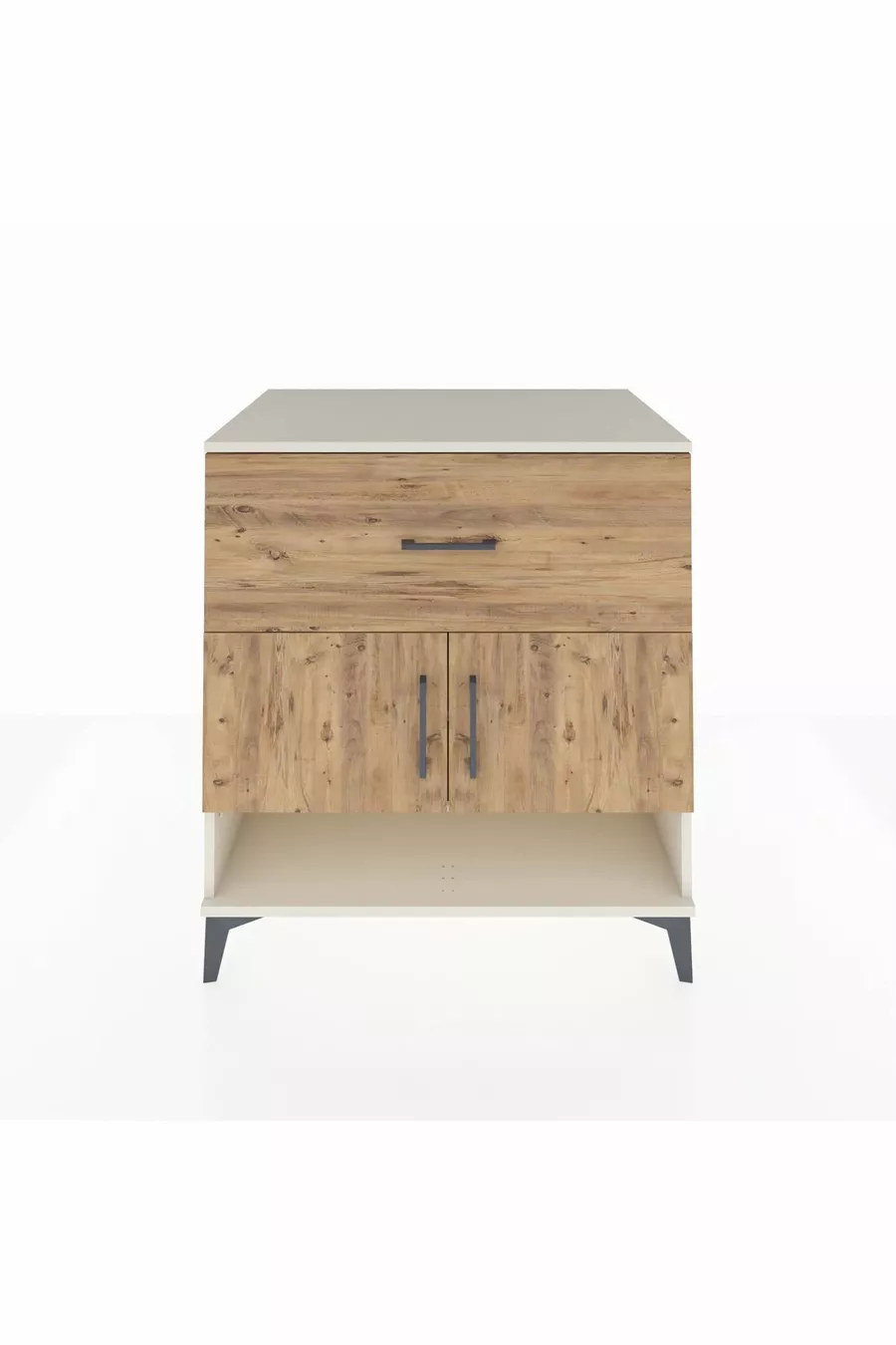 Commode Kronos avec 2 étagères, 1 tiroir et 2 portes, Pierre de Lune-Sapin