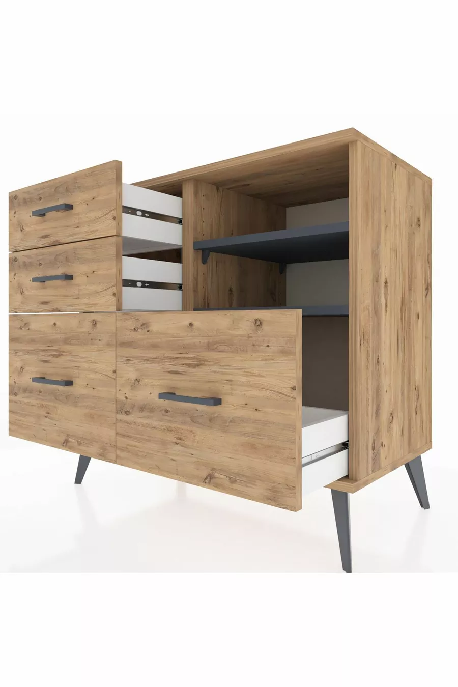 Commode Hyperion 2 étagères 4 tiroirs Pin-Anthracite/Pin
