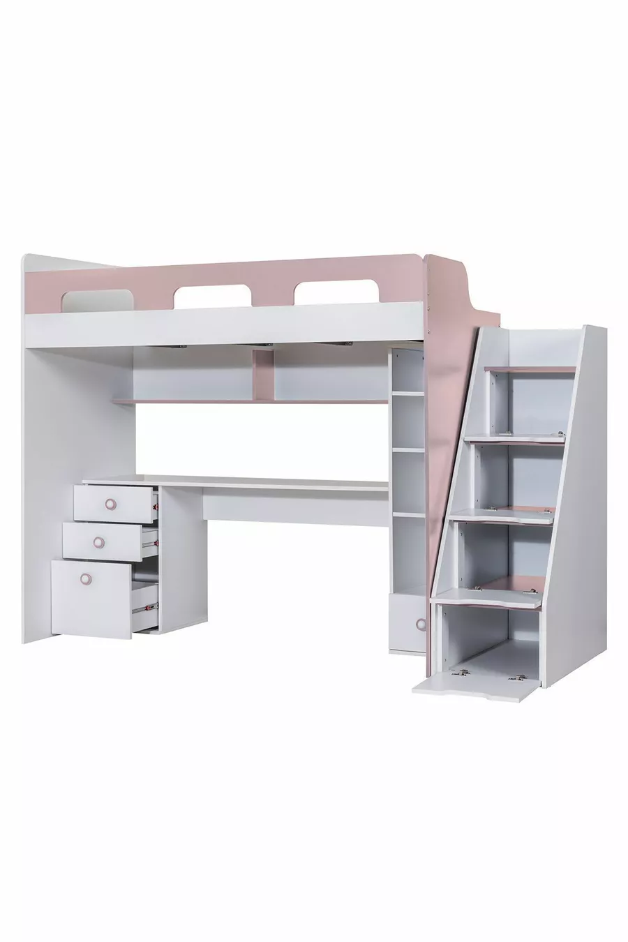 Lits superposés, lit-bureau-bibliothèque Troya - Rose 1 matelas Comfort