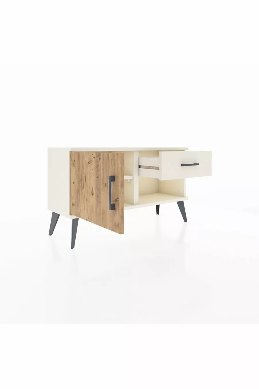 Commode Arges avec une étagère, un tiroir et une porte, coloris Pierre de Lune-Pin/Pierre de Lune