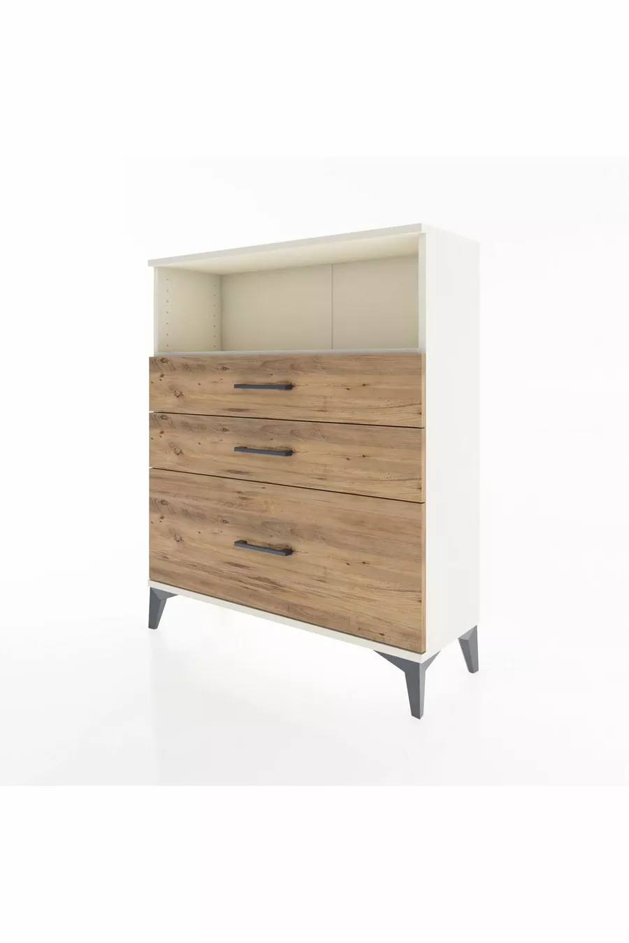 Commode Arges à une étagère et trois tiroirs en Pierre de Lune et pin
