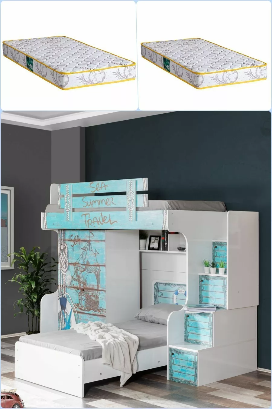 Lits superposés Ranza, armoire Summer Ranza avec 2 matelas Comfort