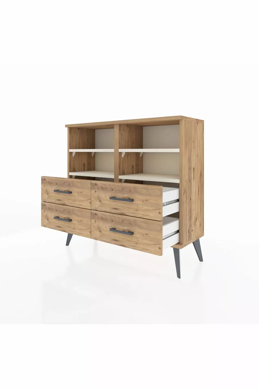 Commode Arges 4 étagères 4 tiroirs Pin-Pierre de Lune/Pin