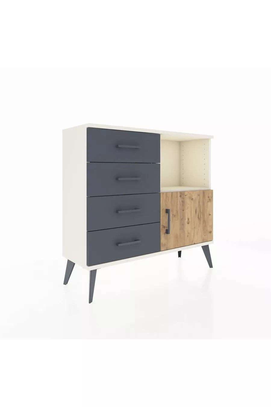 Commode Arges avec une étagère, 4 tiroirs et une porte, couleur Pierre de lune-Sapin/Anthracite