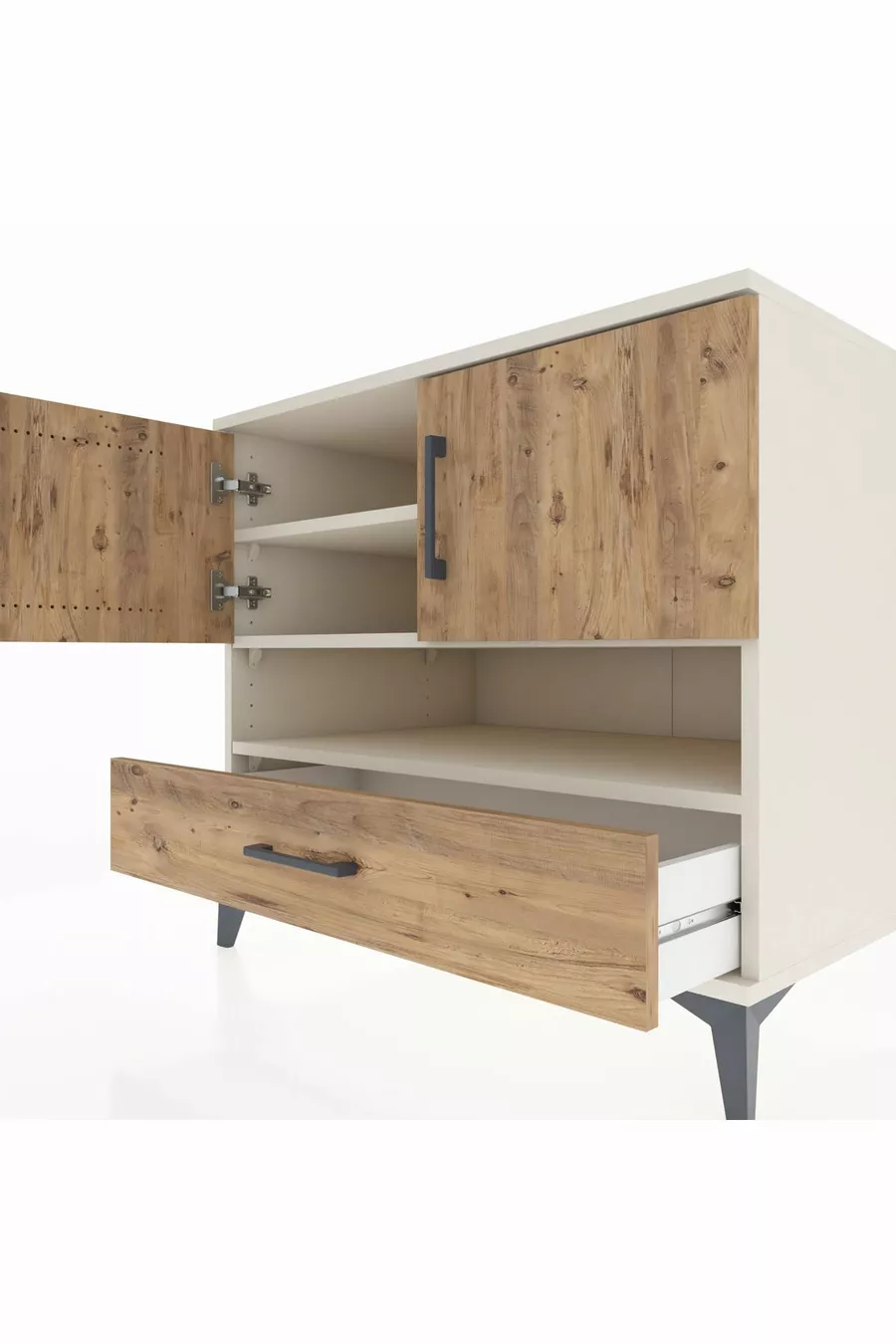 Commode Kronos avec 3 étagères, 1 tiroir et 2 portes, Pierre de Lune-Sapin