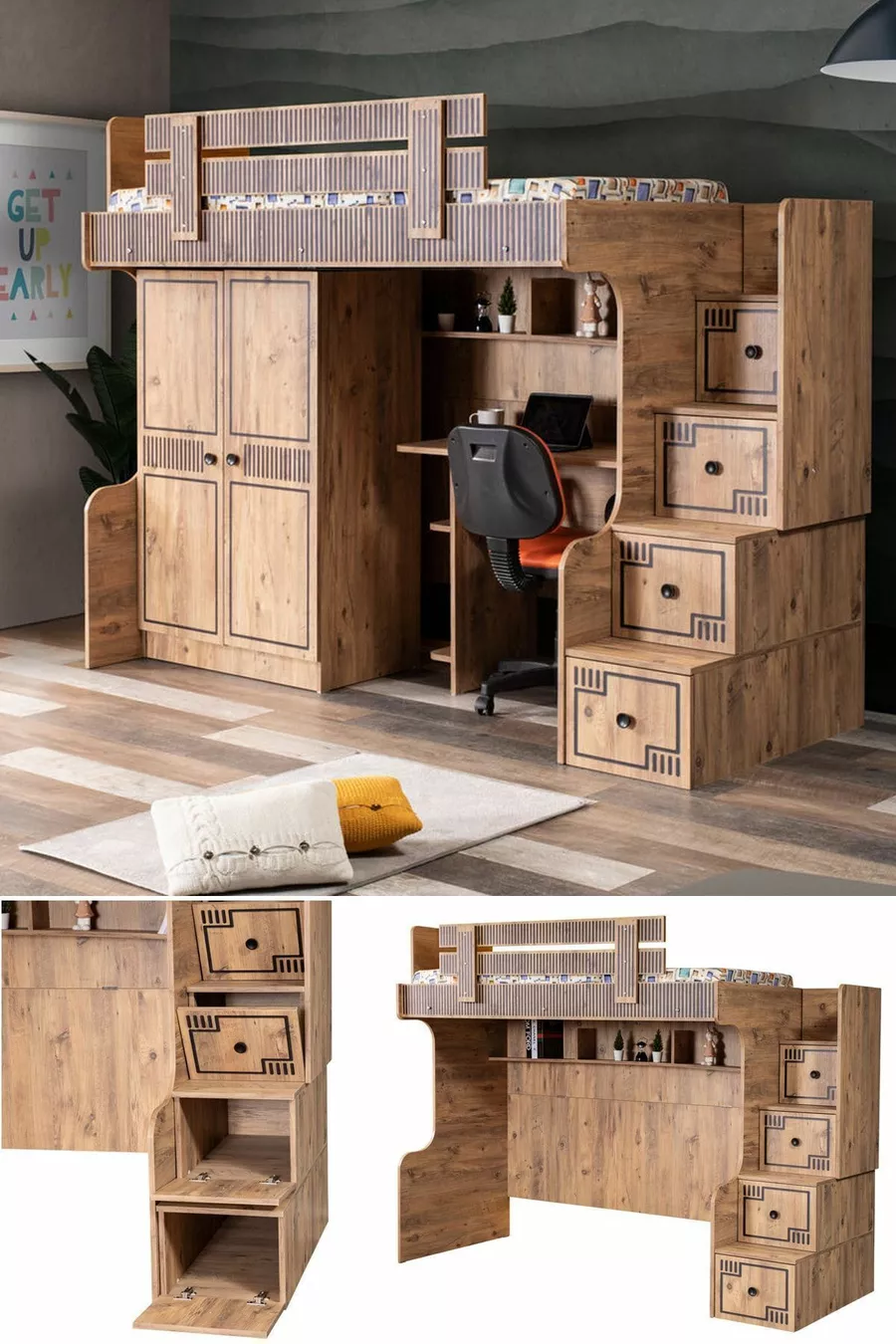 Lits superposés, lit superposé naturel, armoire, bureau