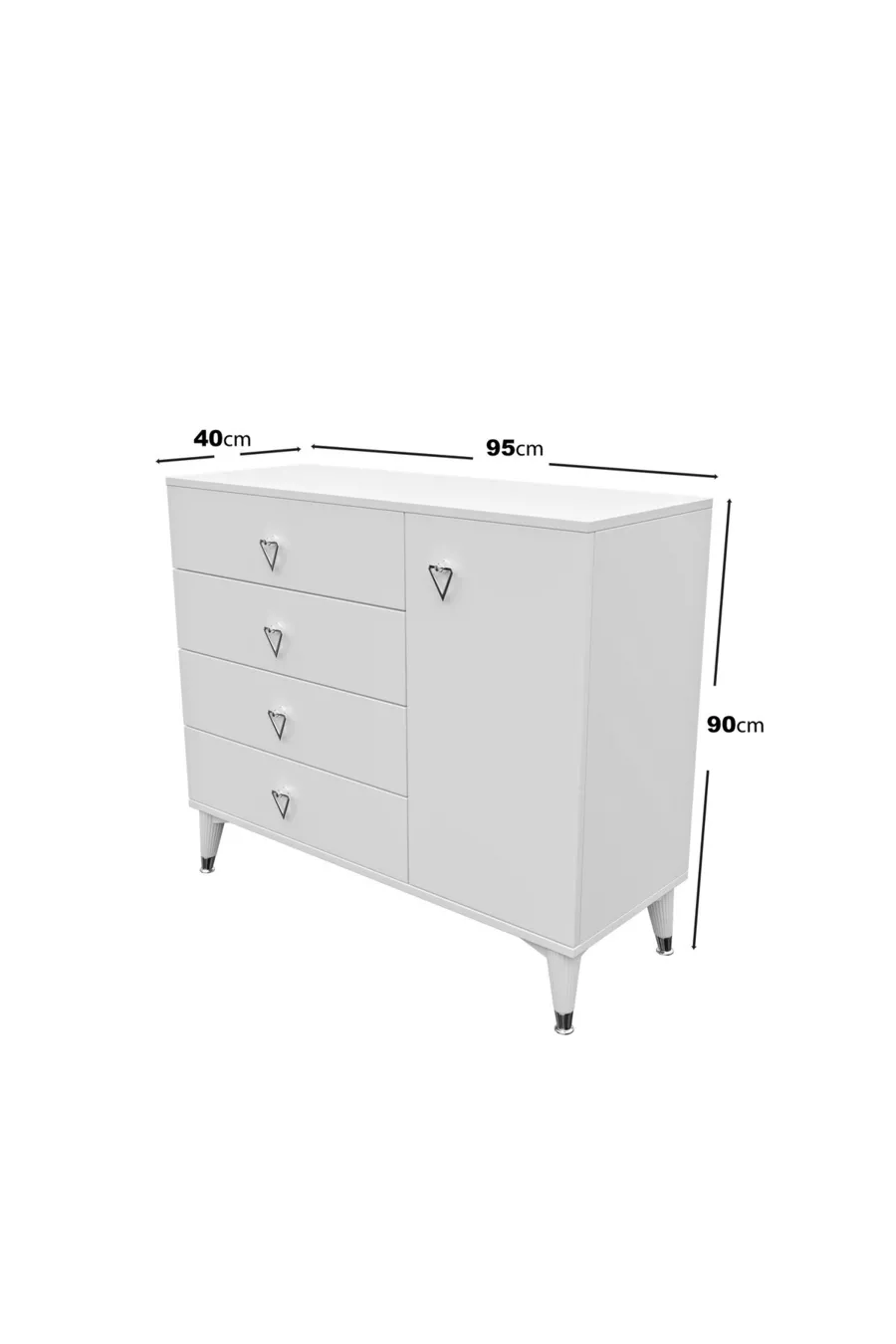 Commode moderne blanche argent avec 4 tiroirs et 1 porte