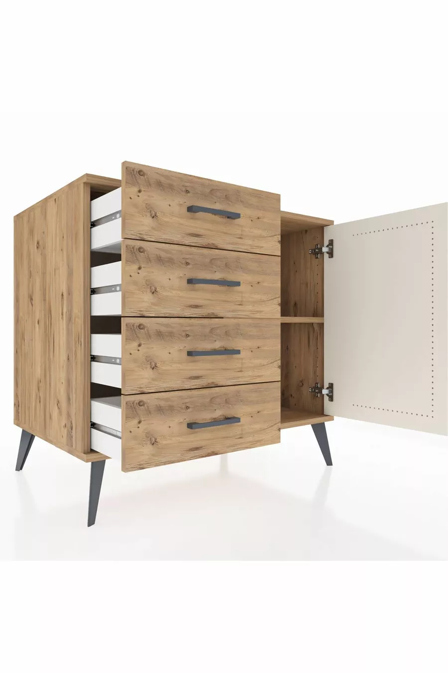 Commode Kronos avec une seule étagère, 4 tiroirs et une porte, Pin-Pierre d'onyx/Pin