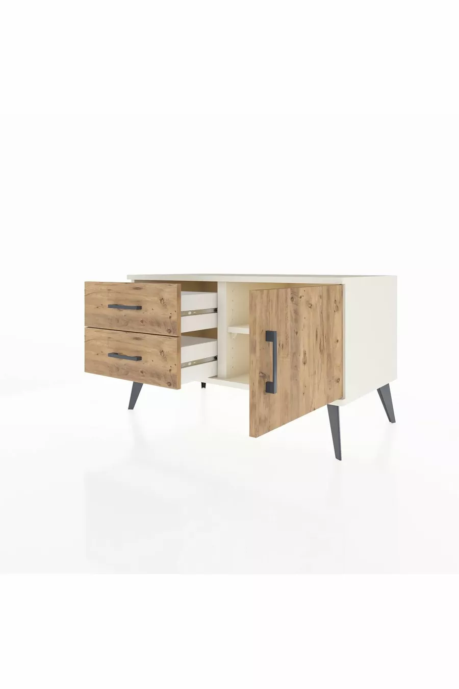 Commode Hyperion à une étagère, 2 tiroirs, 1 porte, Pierre de Lune-Pin